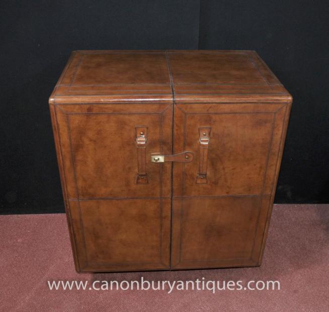 English Campaign Furniture Leather Drinks Cabinet Cocktail Chest