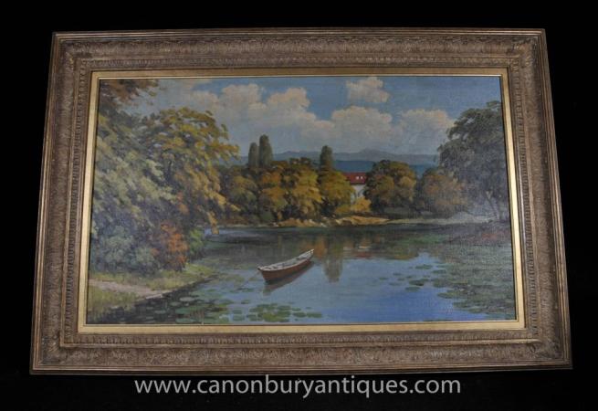English Victorian River Landscape Oil Painting Punting