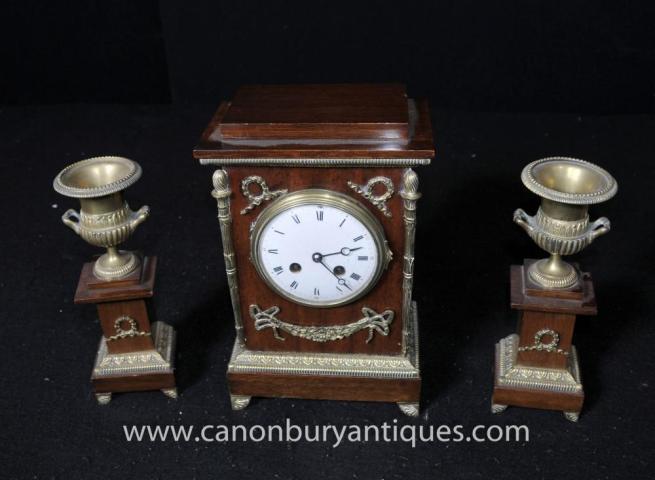 French Empire Mahogany Mantle Clock Garniture Set