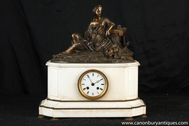 French Empire Marble Bronze Figurine Mantle Clock