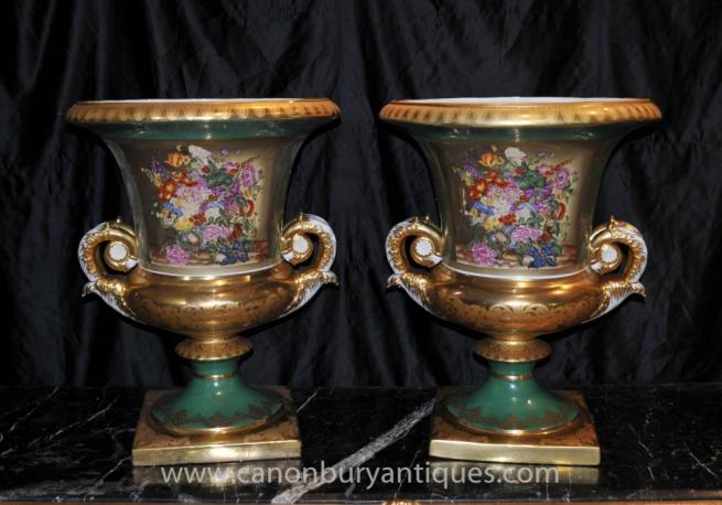 French Sevres Porcelain Floral Campana Urns Planters