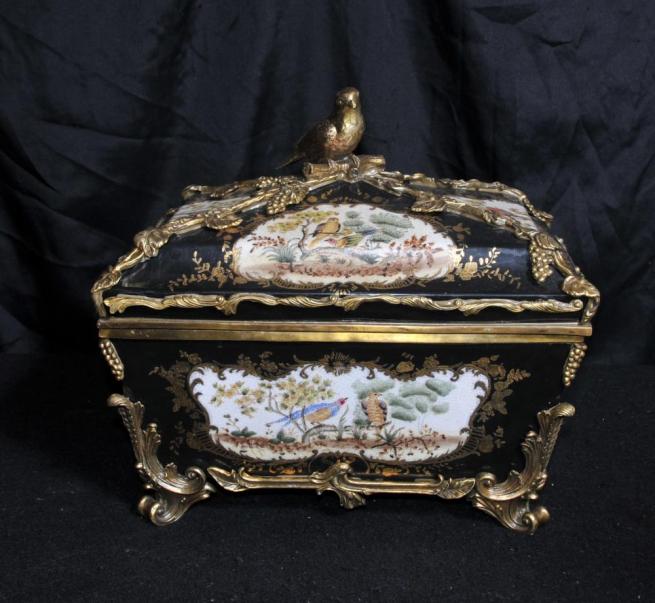 German Dresden Porcelain Jewellery Box Casket Case Ormolu Bird
