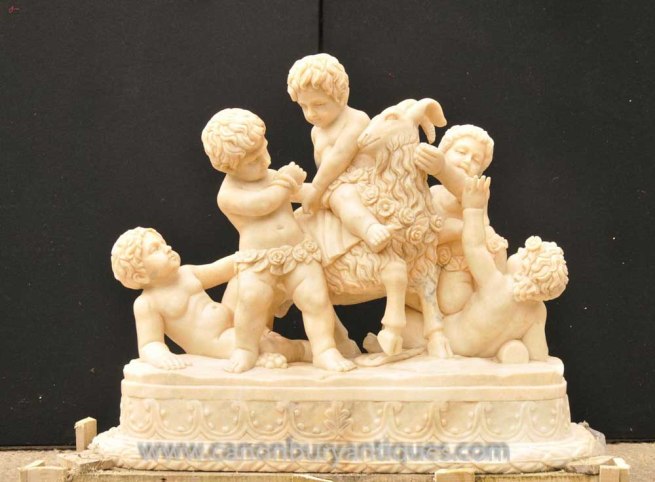 Large Italian Marble Cherub & Ram Classical Antiquity Statue Carved Sculpture