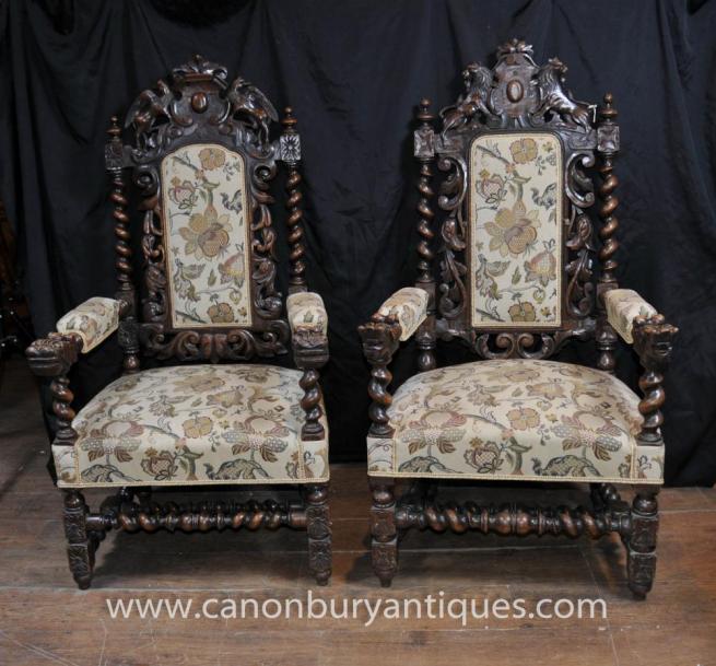 Pair Antique William Mary Oak Arm Chairs Thrones Barley Twist