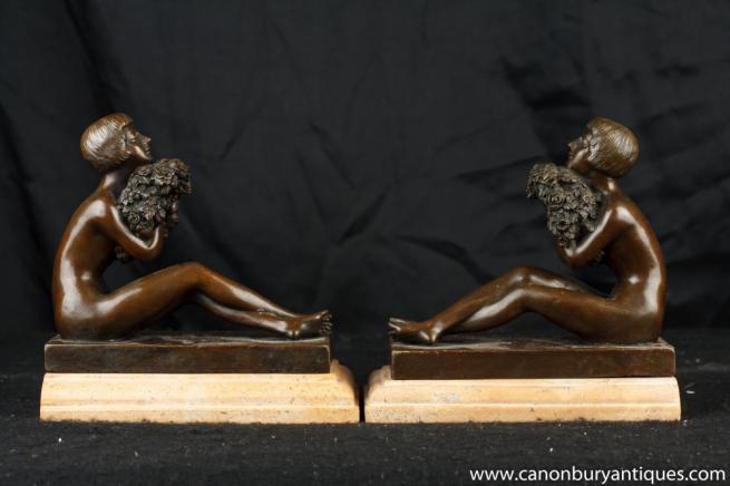 Pair Art Deco Figurine Bookends Bronze Statues Signed