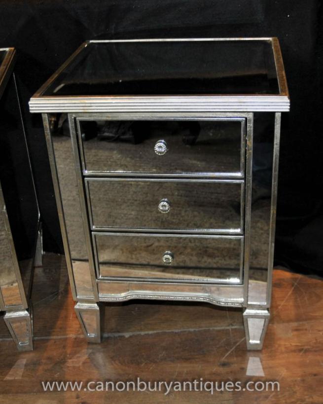 Pair Art Deco Mirrored Bedside Chest Drawers Tables Nightstands