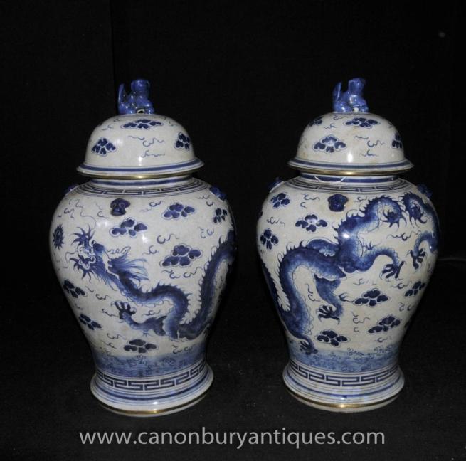 Pair Chinese Blue and White Porcelain Ginger Jars Urns Nanking Dragon