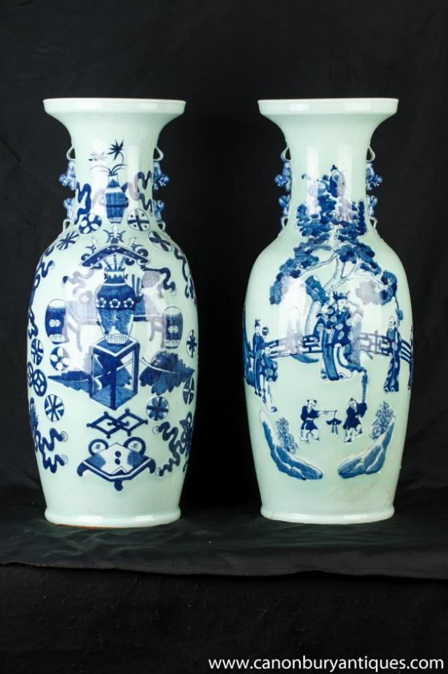 Pair Chinese Celadon Ware Porcelain Vases Urns Hand Painted