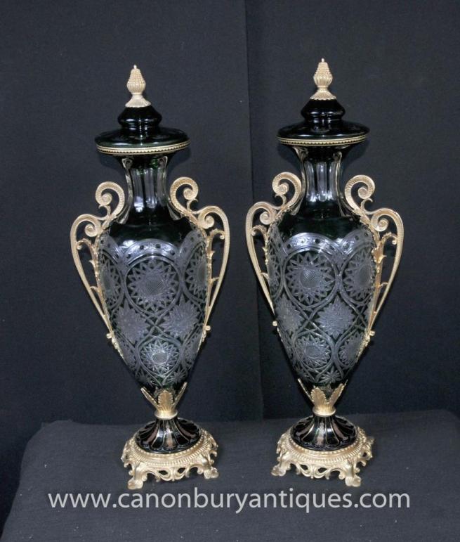 Pair Cut Glass Urns Louis XV Ormolu Amphora Urn