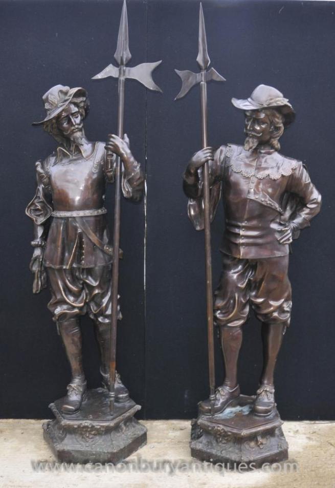 Pair English Bronze Lifesize Cavaliers Prince Charles I Soldiers