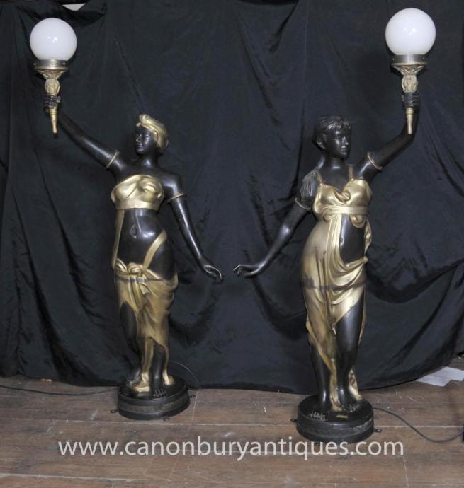 Pair French Art Nouveau Female Bronze Lamps Torcheres Figurines