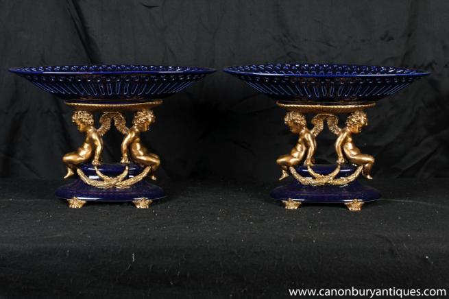 Pair French Cobalt Porcelain Cherub Dishes Tazzas Comports Bowl