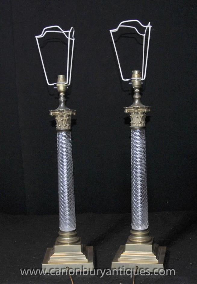 Pair French Cut Glass Doric Column Table Lamps Lights