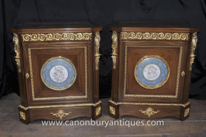 Pair French Empire Cabinets Sevres Porcelain Cherub Plaques Chests