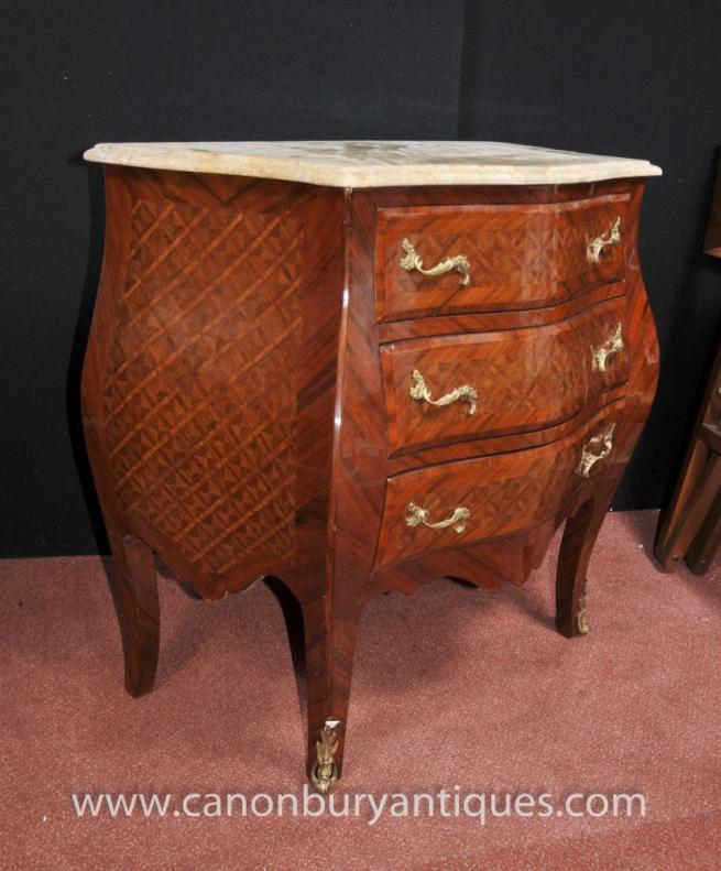 Pair French Empire Commodes Bombe Chest Drawers Parquetry Inlay