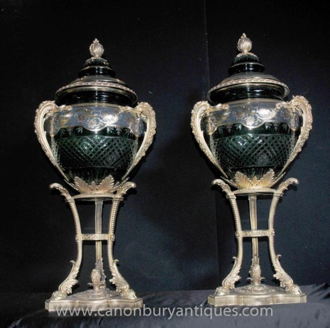 Pair French Empire Large Cut Glass Urns Vases Ormolu Stands