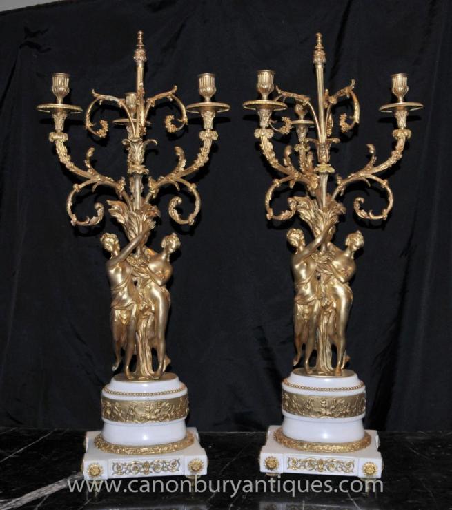 Pair French Empire Ormolu Maiden Candelabras Marble Candles