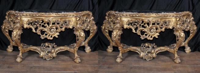 Pair French Louis XV Rococo Gilt Console Tables
