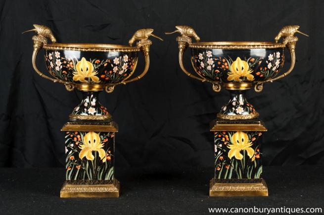 Pair French Porcelain Campana Urns Pedestal Base Bird Bath