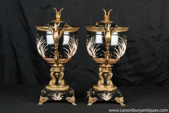 Pair French Porcelain Urns Bowls Stands Japanese Crane Handle
