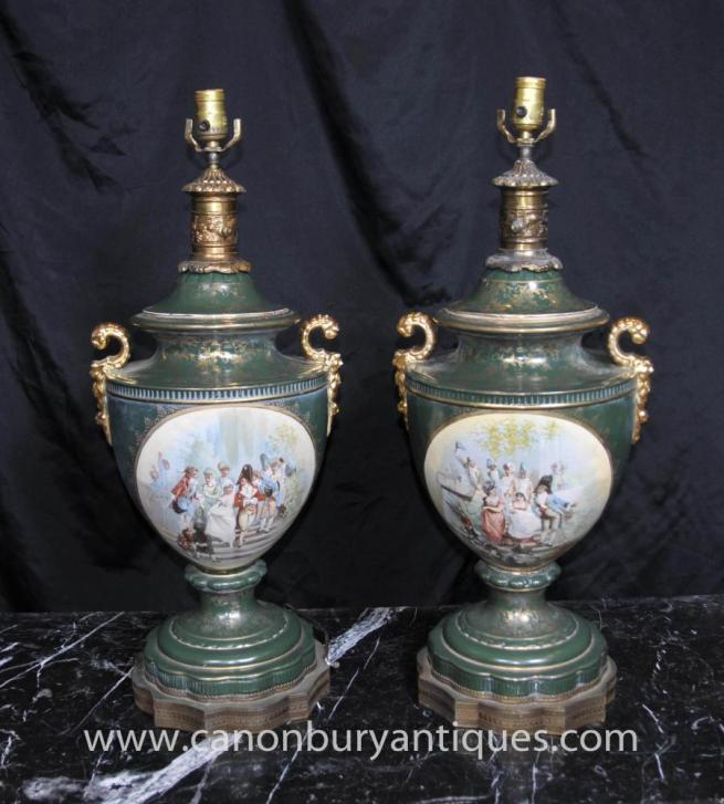 Pair French Sevres Porcelain Lamp Bases Table Lamps Light