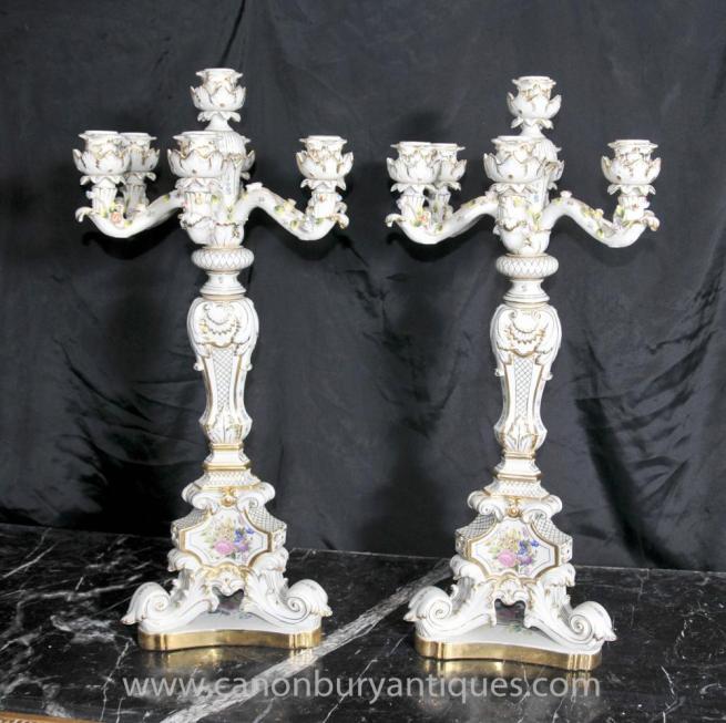 Pair German Dresden Porcelain Candelabras Candles