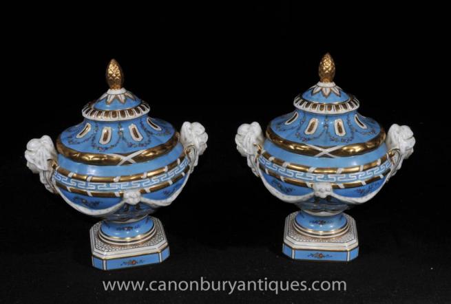 Pair German Dresden Porcelain Tureens Lidded Urns Cherub Handles