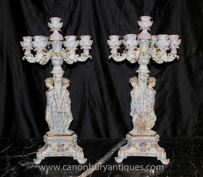 Pair German Meissen Porcelain Maiden Candelabras Candles