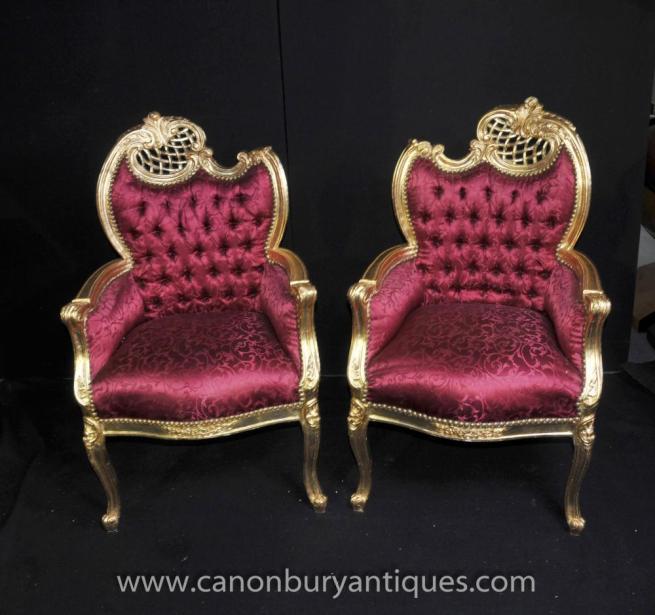 Pair Gilt Louis XV Arm Chairs Fauteils Pink Upholstery Chic