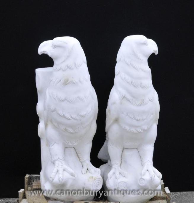 Pair Hand Carved Marble Eagle Stands Tables Italian Stone