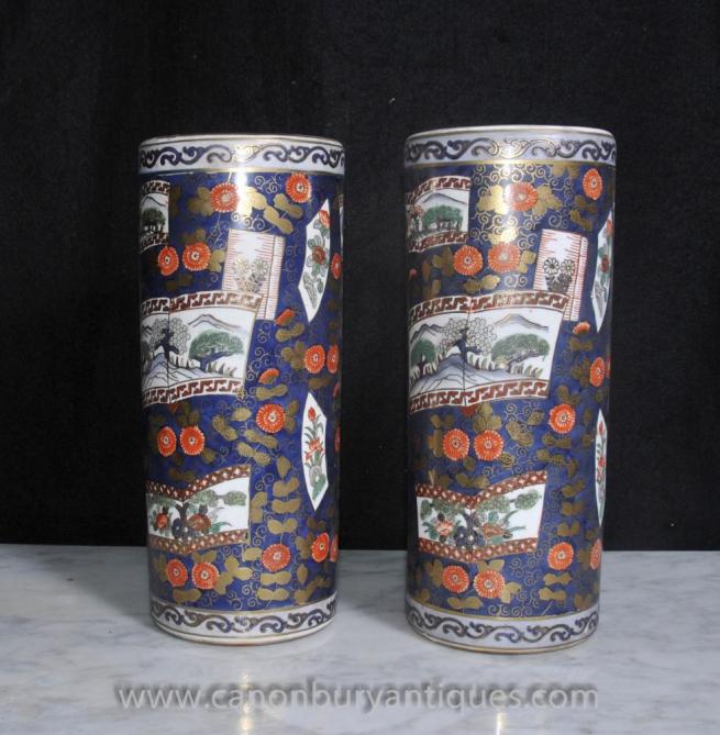 Pair Japanese Satsuma Porcelain Umbrella Stands Urns Vases
