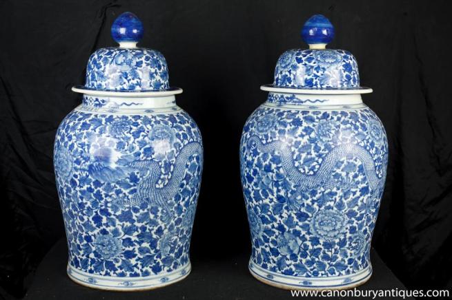 Pair Large Blue White Porcleain Ginger Jars Urns Vases Ming