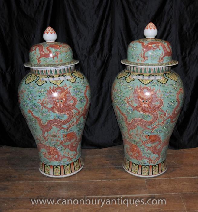 Pair Large Chinese Wucai Ming Porcelain Lidded Urns Vases Jars