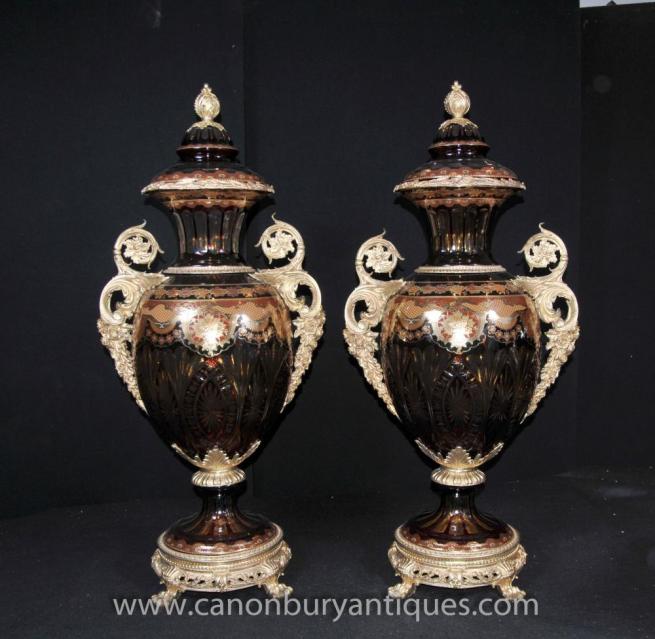 Pair Large French Cut Glass Amphora Urns Vases Louis XVI