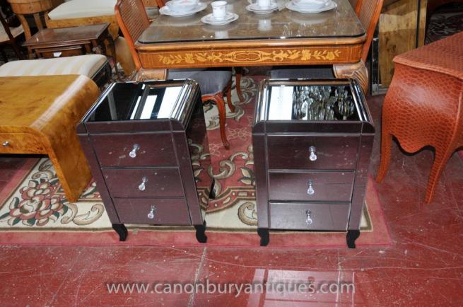 Pair Mirrored Bedside Chests Deco Nightstands Mirror Furniture