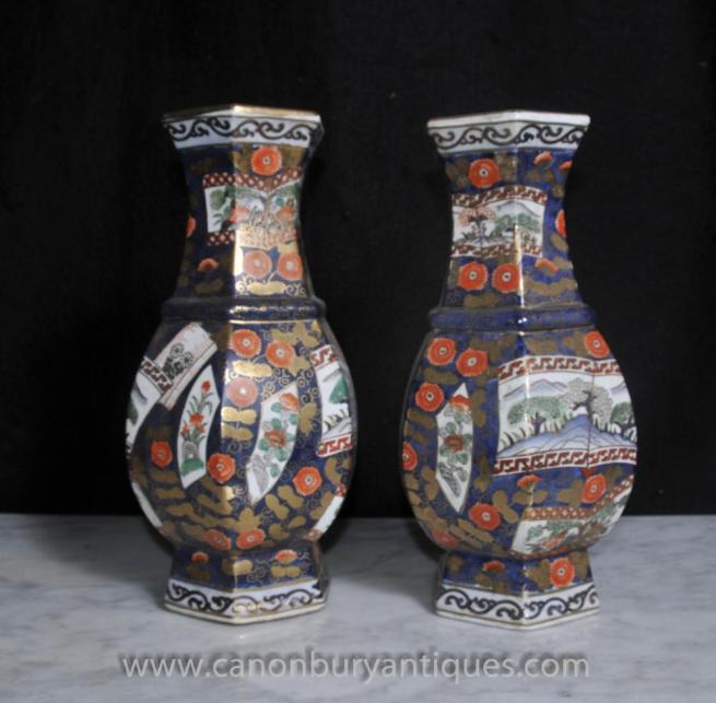 Pair Satsuma Porcelain Japanese Vases Urns Octagonal Form Pottery