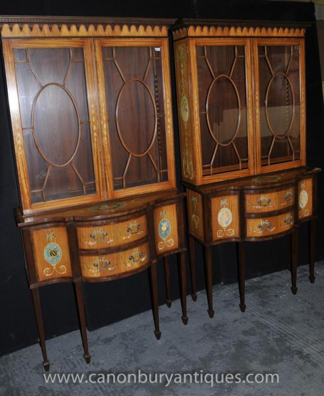 Pair Sheraton Painted Display Cabinets Regency Satinwood Bookcase
