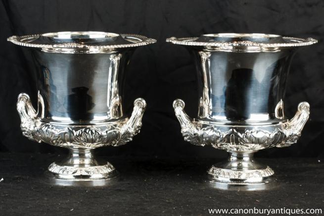 Pair Victorian Silver Plate Campana Urns Champagne Wine Buckets