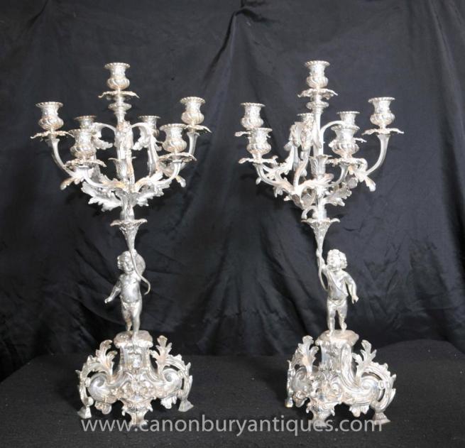 Pair Victorian Silver Plate Rococo Cherub Candelabras