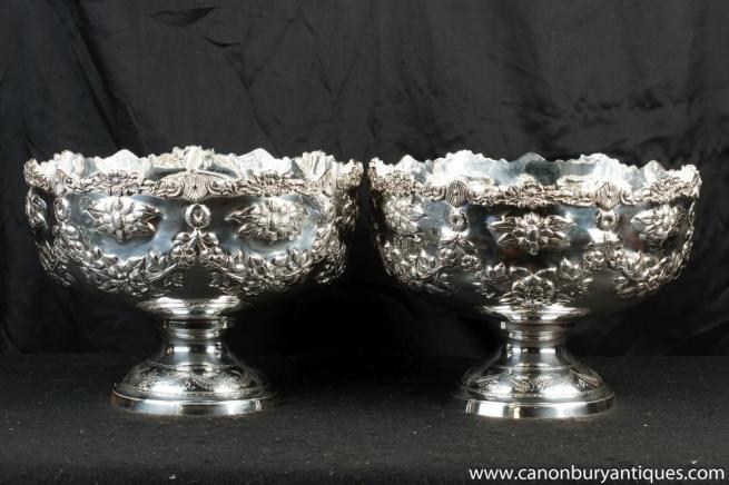 Pair Victorian Silver Plate Rococo Punch Bowls Champagne Buckets Dishes