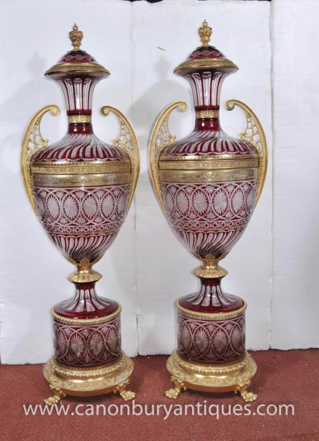 Pair XL French Empire Cut Glass Amphora Urns Architectural Vases 