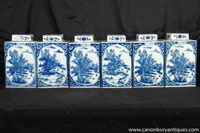 Set Ming Blue White Porcleain Tea Cannisters Urns Vases