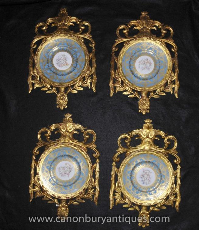 Set Sevres Cherub Porcelain Celestial Plaques Plates in Gilt Frame