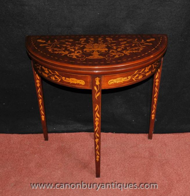 Sheraton Card Console Table Demi Lune Mahogany Inlay