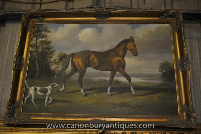 Victorian Oil Painting Portrait Horse and Dog Spaniel