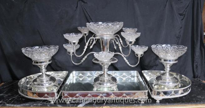 Victorian Silver Plate Centre Piece Epergne Glass Dish Dinner Set