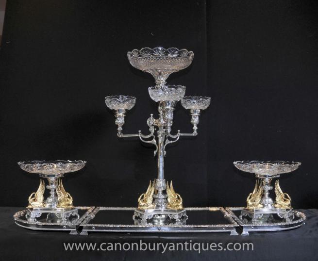 Victorian Silver Plate Epergne Centrepiece Gilt Swan Dish Bowl