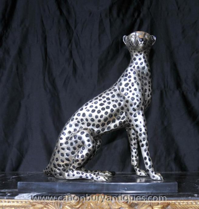 Art Deco Silver Bronze Cheetah Cat Statue Lions Feline Casting