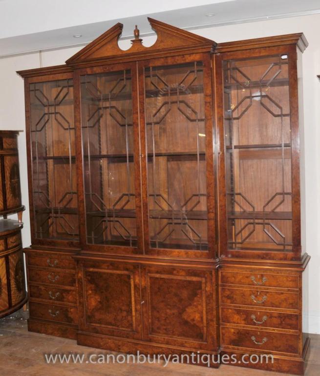 English Gothic Victorian Breakfront Bookcase Walnut Furniture