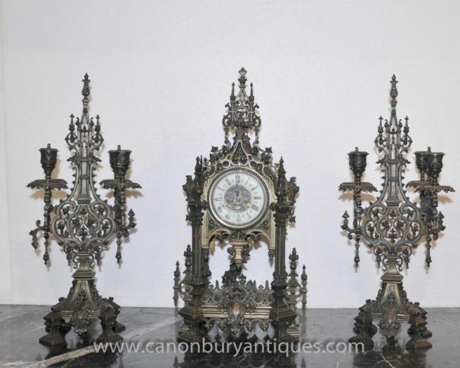 English Victorian Gothic Clock Set Garniture Candelabras